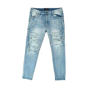 Victorious Men's Casual Stacked Distressed Paint Splatter Biker Jeans Size 38x32